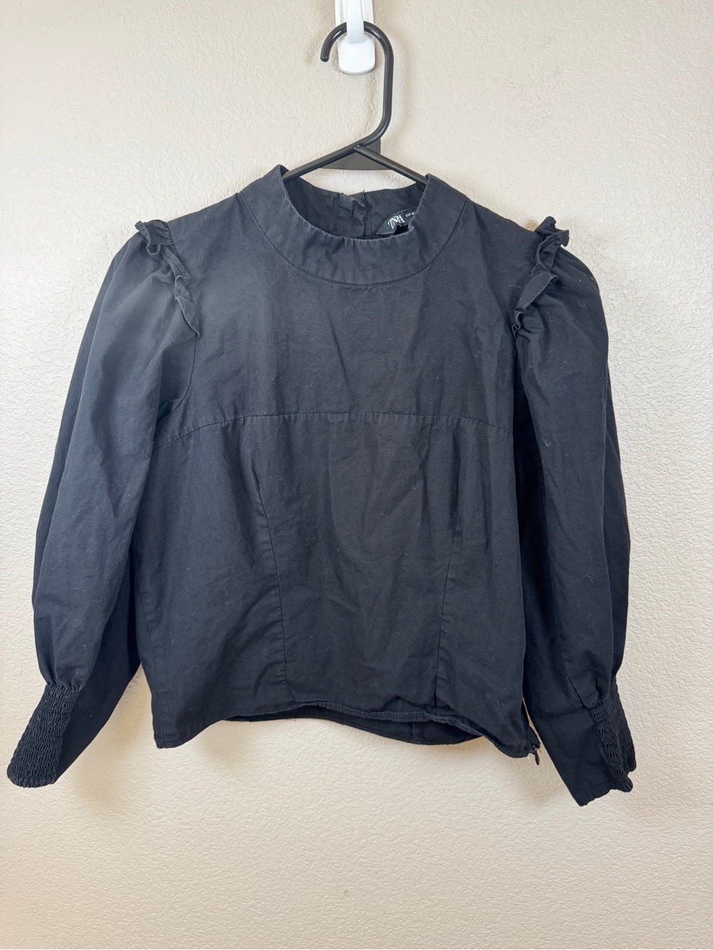 Zara Black Ruffle-Accent Long Sleeve Blouse
